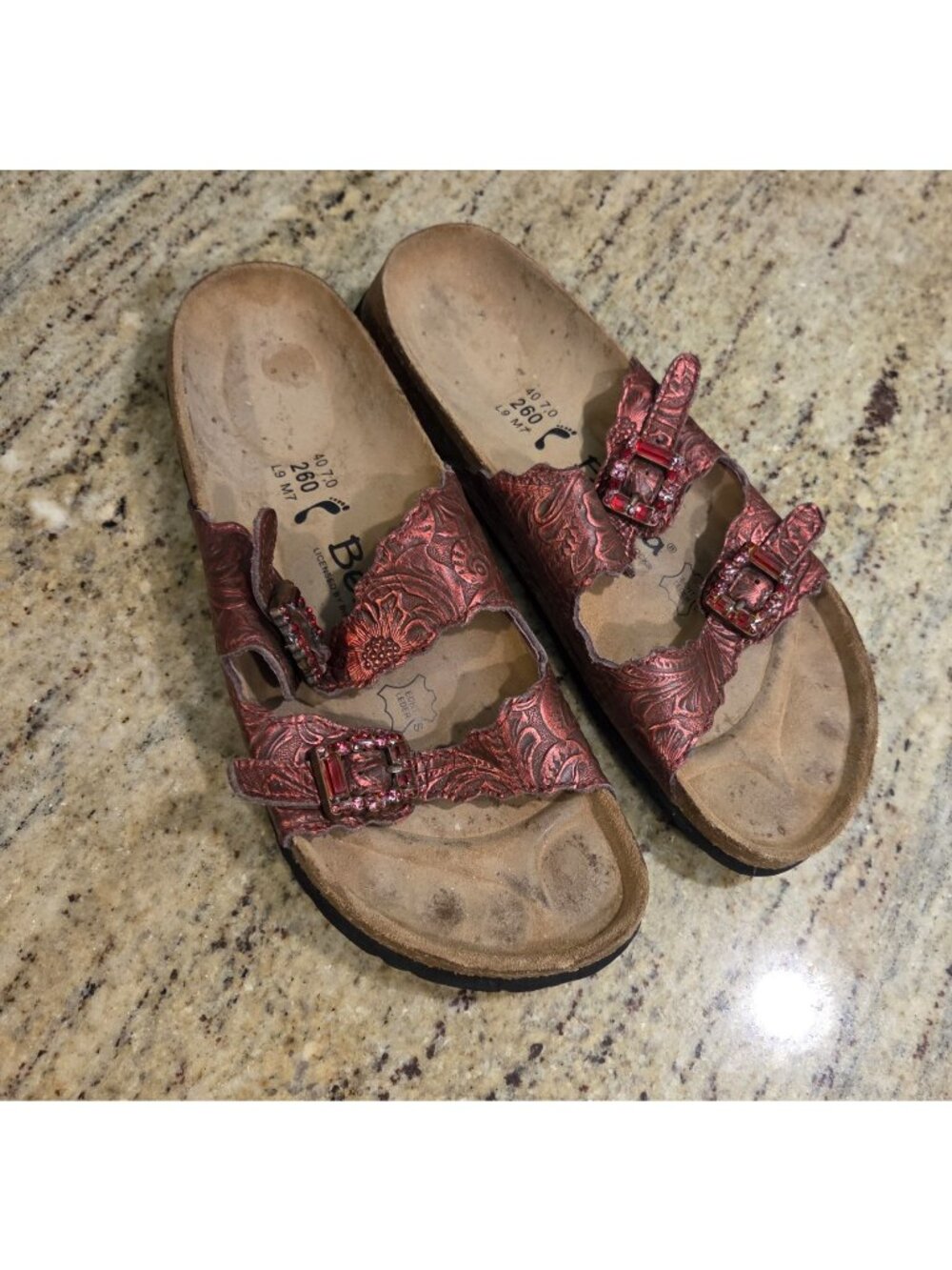 Red Embossed Rhinestone Birkenstock Womens Size 9 Sandals